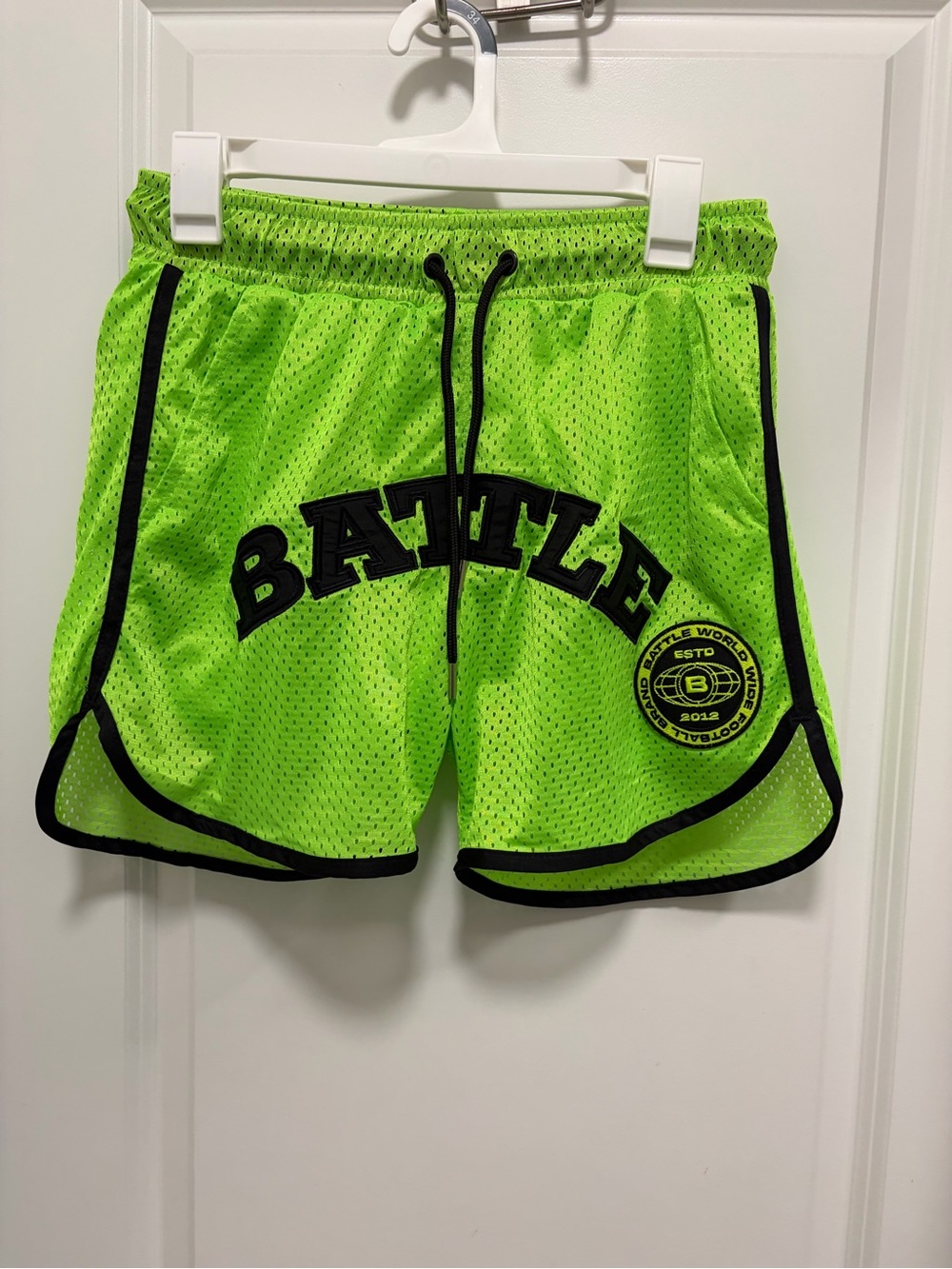 Battle Worldwide Football Brand Patch Mesh Shorts Bright Neon Green Size Small